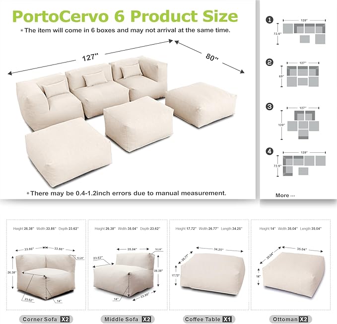 Patio Furniture Set Bean Bag Chairs PortoCervo 6PC Outdoor Chairs Sectional Conversation Patio Set Daybed Furniture Outdoor Sofa Couch High Density Foam Filling Modern Comfy Patio Couch (Light Beige)