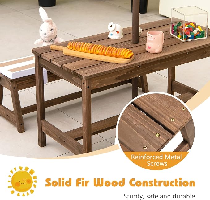 Olakids Kids Picnic Table, 2 in 1 Outdoor Toddler Wooden Table and Chair Set with Removable Cushions Height Adjustable Umbrella, Children Activity Furniture Bench for Patio Garden Backyard