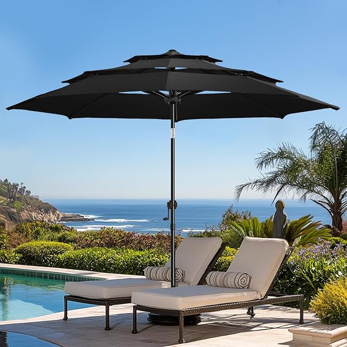 wikiwiki 9ft 3-Tier Patio Umbrella Outdoor Table Market Umbrella for Patio with Push Button Tilt/Crank, Fade Resistant Waterproof POLYESTER Canopy for Garden, Lawn, Deck, Backyard & Pool, Black