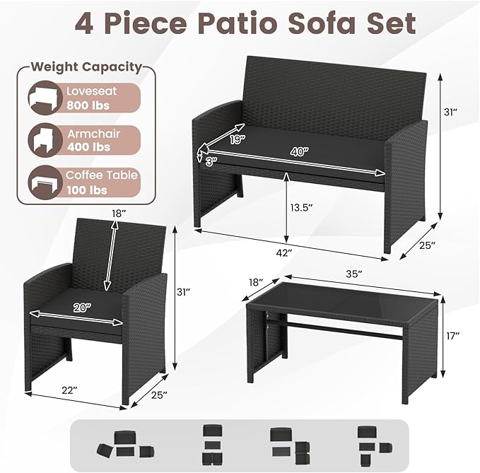 HAPPYGRILL 4 Piece Rattan Wicker Patio Conversation Set, Outdoor Furniture with Chair Loveseat Table & Cushion, for Backyard Porch Balcony (1, Black & Black)