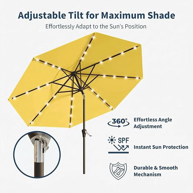 9FT Solar Umbrella 32 LED Lighted Patio Umbrella Table Market Umbrella w/Tilt and Crank, UV-Resistant Outdoor Umbrella for Pool, Garden, Deck, Sunshine Yellow