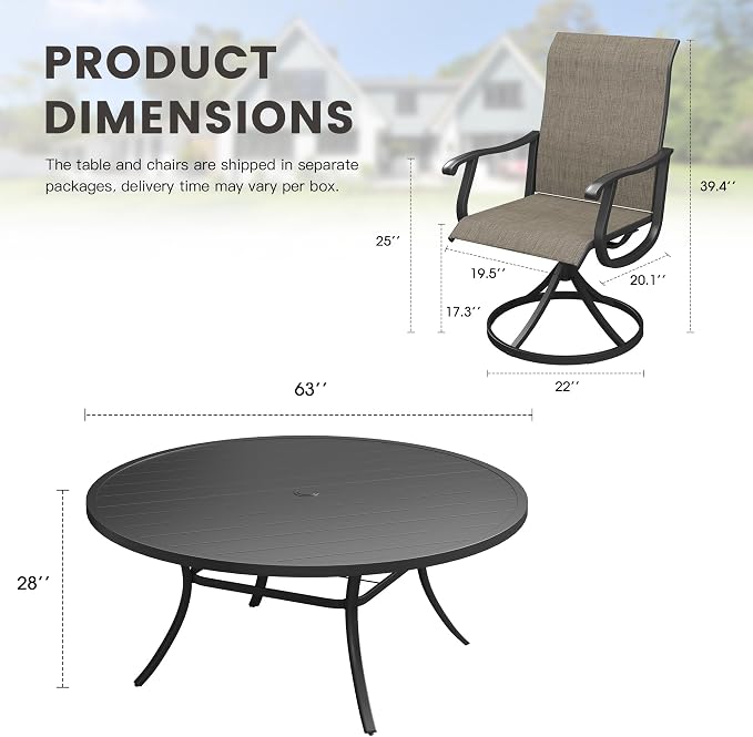 Outdoor Dining Set for 8, 63" Metal Round Outdoor Dining Table with Umbrella Hole and Sling Patio Swivel Chairs, 9 Pieces Patio Table and Chairs Set for Garden Backyard, Mixed Brown and Black