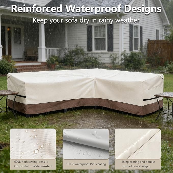 okcool Outdoor Sectional Sofa Cover Waterproof-L-Shaped Patio Furniture Covers for 6-Seater Outdoor Sectional Furniture Couch 110"(85''L) x 32''D x 31''H, Beige & Brown