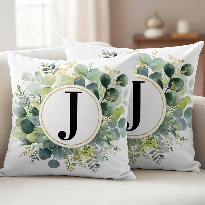 Letter J Waterproof Outdoor Pillow Covers Set of 2 Home Decor, Alphabet Green Eucalyptus Leaves Pillowcase Patio Pillow Covers for Couch Bench Patio Furniture Garden 18x18in