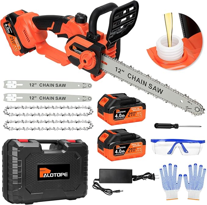 12-Inch Brushless Cordless Electric Chainsaw, Motosierra with 2 x 4.0Ah Batteries, Battery-Operated Chain Saw with 2 x Chain Guides, Handheld Battery Chain Saw for Wood Cutting& Tree Trimming