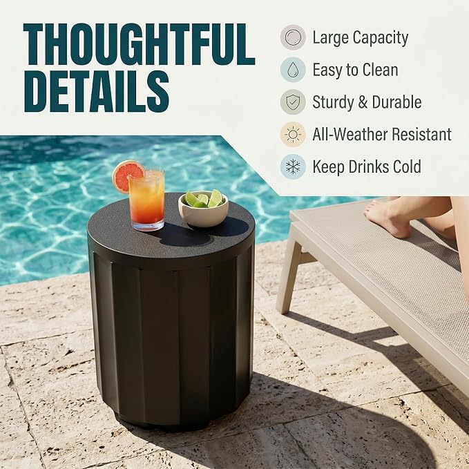 Outdoor Cooler Side Table, 2 in 1 Ice Chest Cooler Table All Weather Resistant | Dense Fluted Cooler Side Table with Hangable Lid for Patio Decor, Deck, BBQ, Beach | Black
