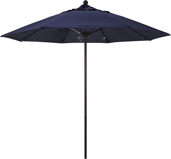 California Umbrella 9' Round Aluminum/Fiberglass Umbrella, Push Open, Bronze Pole, Sunbrella Navy Fabric