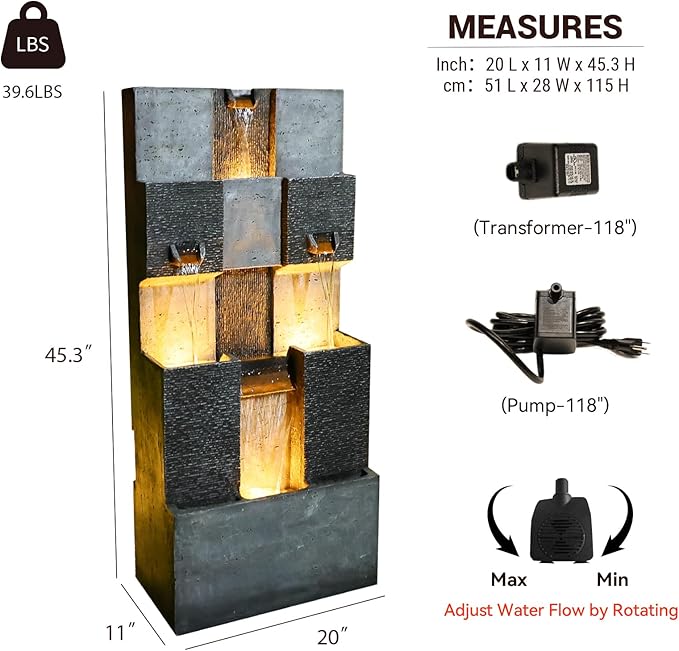 Bumilgar 44.8" H Modern Outdoor Water Fountain with LED Lights and Pump, Mutiply-Tier Standing Cascading Waterfall - Modern Design for Garden,Patio,Yard, Multi-Level Outdoor Decor (Gray)
