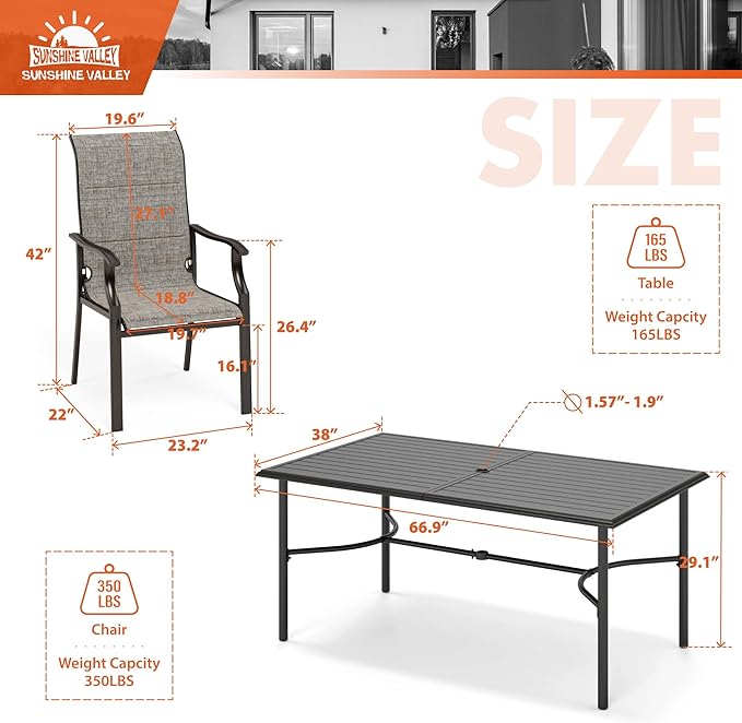 SUNSHINE VALLEY 7 Piece Patio Dining Sets for 6, Outdoor Table and Chairs Set with 1 Black Patio Dining Table(1.61"-2" Hole) and 6 Textilene Patio Dining Chairs, Outdoor Dining Sets for Deck Backyard