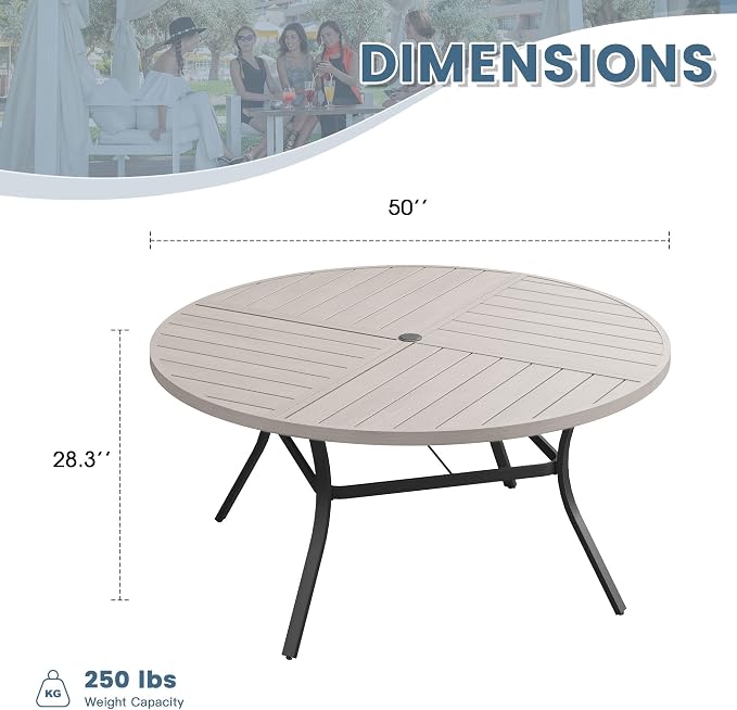 DIFY 50" Round Outdoor Patio Dining Table for 6, Metal Patio Table with 1.57" Adjustable Umbrella Hole, All-Weather Outdoor Furniture Table for Garden Backyard Deck, Grey Wood-Like