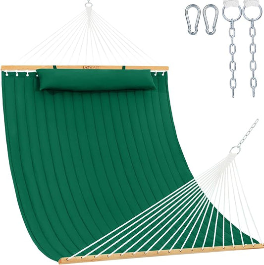 Lazy Daze Hammocks 12 FT Double Quilted Fabric Hammock with Spreader Bar and Detachable Pillow, 2 Person Hammock for Outdoor Patio Backyard Poolside, 450 LBS Weight Capacity, Dark Green