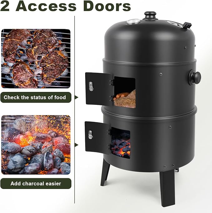 Charcoal BBQ Smoker, 16 Inch Heavy Duty Grill with 2 Cooking Area and Thermometer, 4 In 1 Vertical Smokers Grill for Outdoor Camping Backyard Picnic Party