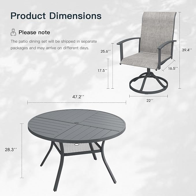 VICLLAX 5 Pieces Patio Outdoor Dining Set, 4 Swivel Textilene Chairs and 47.2" Round Metal Table with Umbrella Hole for Porch, Deck, Garden, Dark Gery/Grey