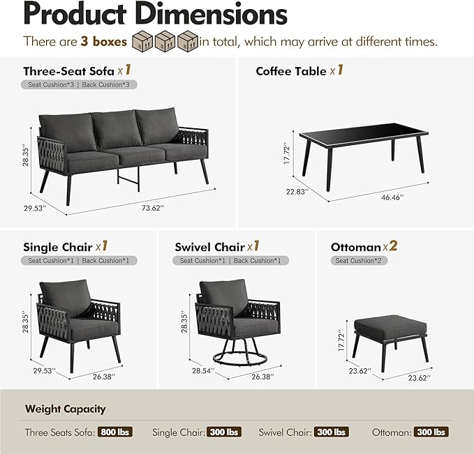 Outdoor Patio Furniture Set, 6-Piece Metal Conversation Furniture Sofa with Coffee Table, All Weather Patio Couch Sofa with Thick Cushions for Balcony Backyard,Black