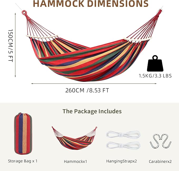 Double Hammock,2 Person Portable Camping Hammock Bed with Anti Roll Balance Beam & Tree Straps,550lbs Capacity for Porch Garden Patio Backyard Indoor Outdoor Red