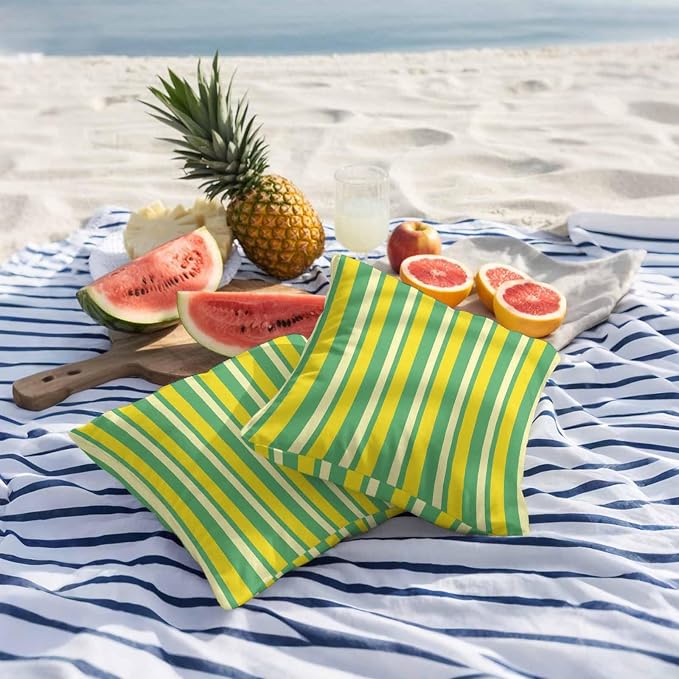 Lemon Green Yellow Outdoor Pillow Covers 16x16 Inch Throw Pillow Covers Set of 2 Waterproof Decorative Pillow Cases Summer Modern Farmhouse Striped Cushion Covers for Patio Furniture Garden Couch Sofa