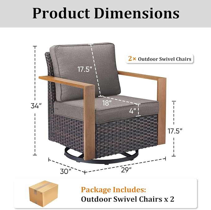 2PCS Outdoor Swivel Patio Chairs Set, All-Weather Wicker Swivel Rocker Chairs with High Back and Deep Seat, Patio Seating for Porch, Deck, Backyard and Poolside Grey
