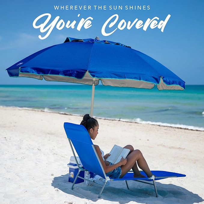 AMMSUN Beach Umbrella with Sand Anchor, 6.5 ft Heavy Duty Portable UV 50+ Protection for Sand, Beach, Patio, Garden and Outdoor with Carry Bag (Solid Blue)