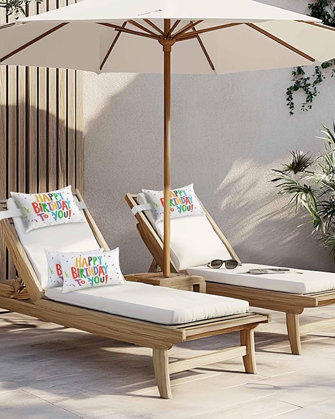 Outdoor Pillows Covers with Inserts Happy Birthday Colorful Text Ribbon Party Waterproof Recliner Pillow with Adjustable Strap Throw Pillows for Patio Furniture Pool Lounge Chair, 11x16 inch, 1PCS