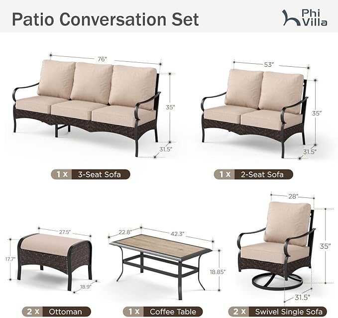 PHI VILLA Extra Large Outdoor Modern Patio Furniture Set, Upgraded Wicker & Metal Patio Conversation Set with Waterproof Thick Cushions for Porch, Poolside, Yard(7 Pieces,Beige)