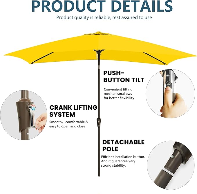 6.5x10FT Rectangular Patio Umbrella with Push Button Tilt & Crank Lift for Garden,UV Protection Outdoor Umbrella for Deck,Pool and Yard,Yellow
