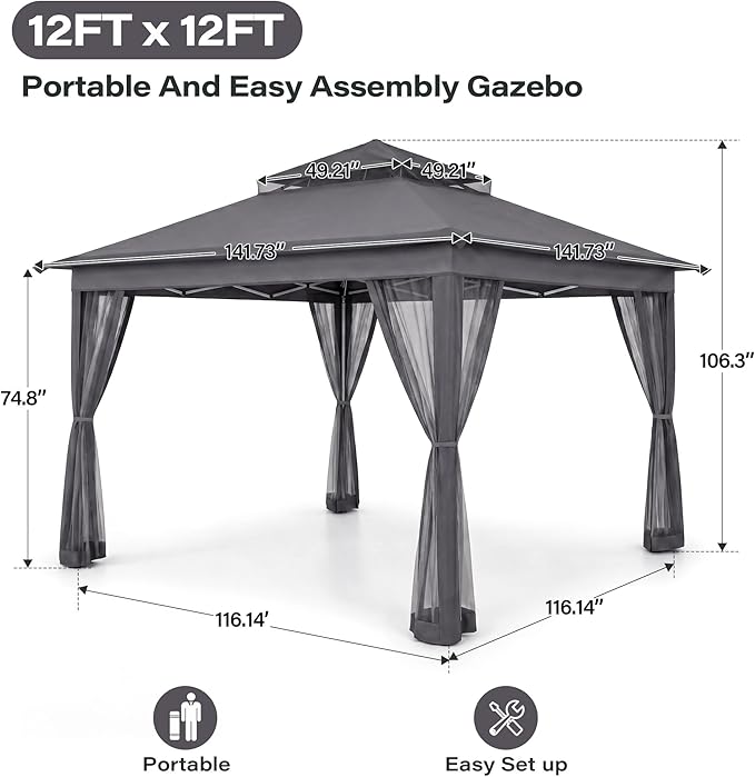 LAUSAINT HOME 12x12 Pop Up Gazebo with 50FT String Lights, Mosquito Netting, Instant One-Push Setup, Adjustable Height Outdoor Canopy Tent Shelter with Carry Bag for Patio, Backyard, Camping, Gray