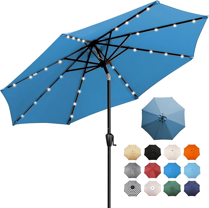 9' Round Patio Umbrella with 32 Solar Powered LED Lights, Push-Button Tilt and Hand Crank Lift, Solar Umbrella in Teal for Porch, Deck, and Patio by Sun-Ray