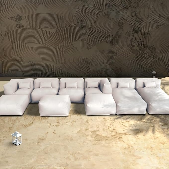 Dineli ANNYH Patio Modern Outdoor Furniture Sectional Conversation Set - Combines 2Lounger 2Middle 2Corner 3Ottoman Exp Foam Filled Chairs.A Unique Modular Contemporary Sofa (Light Beige)
