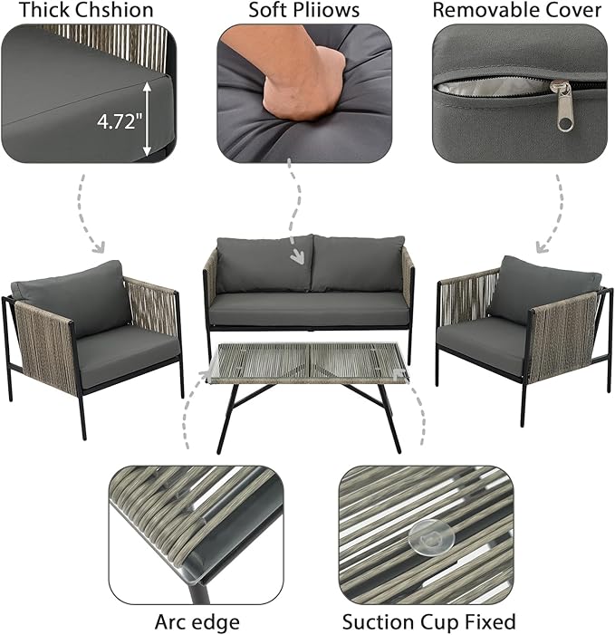 4-Piece Outdoor Furniture Set, Rope Sofa Set with Thick Cushions and Toughened Glass Table Patio Conversation Sets for 4 Person with Loveseat, Gray
