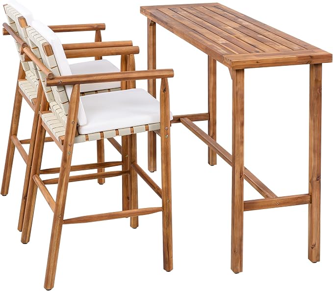 3 Piece Outdoor Bar Set for 2, Acacia Wood Bar Height Table & 2 Stools with Removable Cushions, Wood Dining Bar Set with Adjustable Feet, Patio Balcony Bistro Furniture, Beige+Natural
