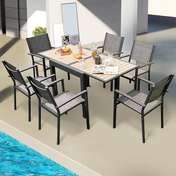 Tangkula 31.5"-63" Extendable Patio Dining Table, Aluminum Outdoor Dining Table for 4-6 People, L-Shaped Brace Included for Fixation, Space-Saving Expandable Table for Garden, Porch, Yard, Poolside
