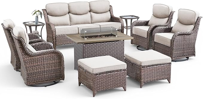 Patio Furniture Set with Fire Pit Table-10 Pieces All Weather Outdoor Swivel Rocker Chairs with Sofa and Ottomans. Outdoors Patio Conversation Sets for Porch Deck Garden Backyard(Brown/Beige)