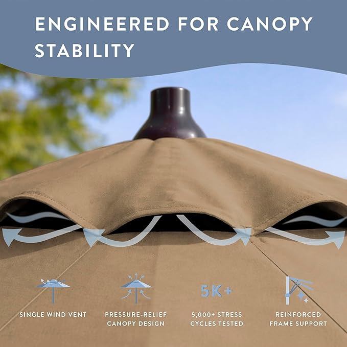 California Umbrella 12-Year Protection 7.5-Ft Outdoor Patio Umbrella, Sunbrella Fade-Resistant Fabric, Auto-Tilt, Heavy Duty Aluminum Frame, 8 Reinforced Ribs for Pool or Deck, Bronze Pole, Heather Beige