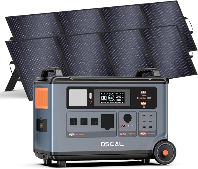 OSCAL Solar Generator 3600Wh PowerMax 6000 with 2x200W Portable Solar Panel, 120V/240V Power Station 6000W AC Outlets (9000W Peak), 2200W AC Charging/2400W Solar Charging, Home Battery Backup