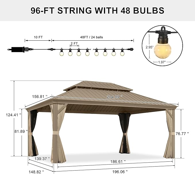 PURPLE LEAF Outdoor Gazebo 13'X17'，Champagne Hardtop Gazebo with Galvanized Steel Double Roof, Permanent Patio Gazebo with Curtains and Netting for Patio Lawn Garden and Deck