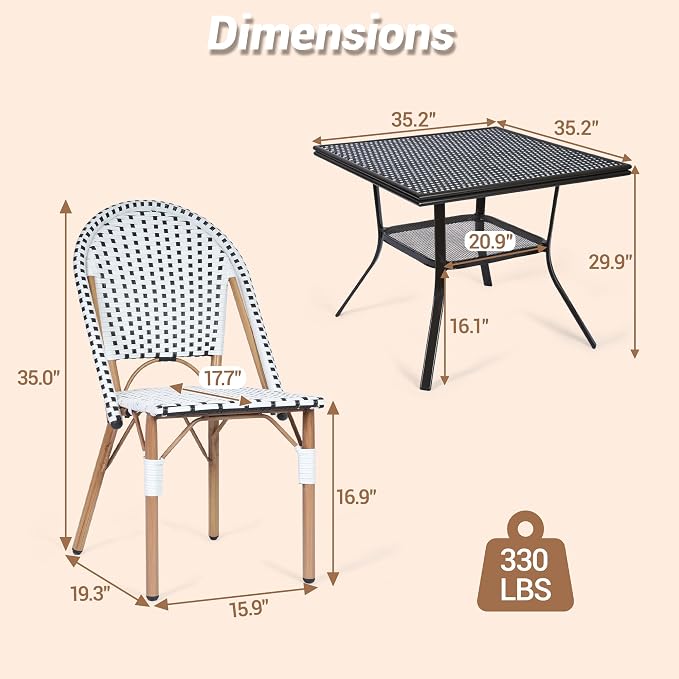5-Piece Patio Dining Set, Outdoor French Country Bistro Table and Chairs, All-Weather Wicker Square Table & 4 Chairs w/Metal Frame, for Backyard Balcony, Black/White