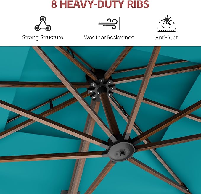GENTEACO 10x13FT Wood Pattern Cantilever Patio Umbrella, Double Top Rectangle Offset Umbrella 7 Angle Tilts & 360° Rotation, Large Heavy Duty Outdoor Sun Umbrella for Pool Market, Turquoise Blue