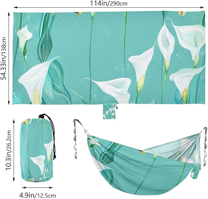 Chic Calla Lily Turquoise Flowers 330lb Capacity Outdoor Hammock with Portabl Carry Bag Hanging Hammock for Outside Beach Patio Garden hamaca inflable para Piscina