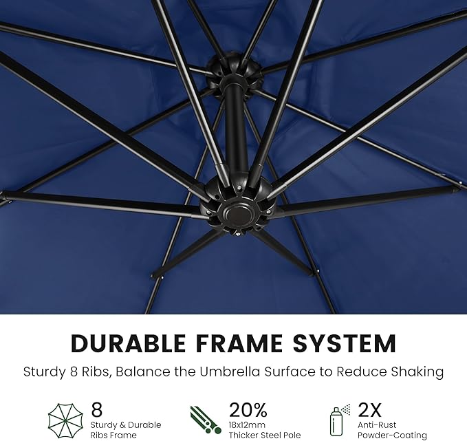 OLILAWN Cantilever Offset Patio Umbrellas, Outdoor 10 feet Large Patio Umbrella with Base Included, Upgraded Yarn-dyed Fabric Shade, Sturdy 8 Rids, 360 Degree Rotation & Easy Tilt Adjustment, for Pool Deck Porch Backyard Garden, Sapphire