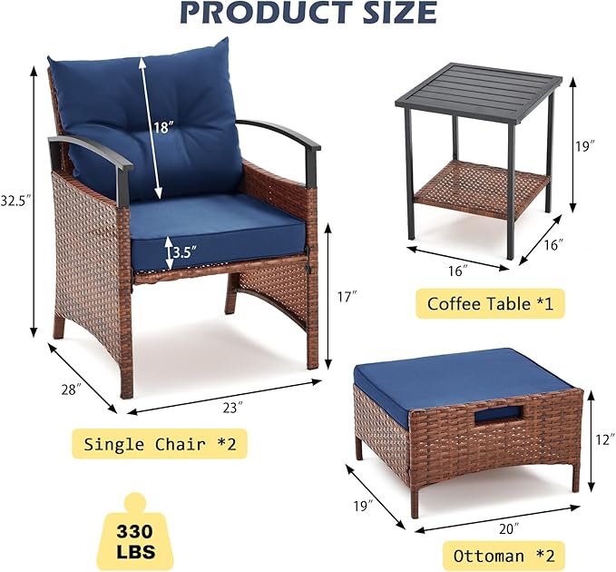 AVAWING 5 PCS Outdoor Rattan Furniture Set, Wicker Conversation Sets W/Metal Coffee Table and Soft Cushions, Patio Chairs with Ottomans for Garden, Porch, Balcony and Deck (Blue)