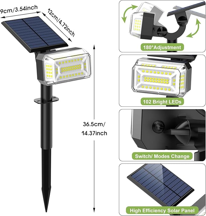 WENATY 102 LED Solar Spot Lights Outdoor Waterproof IP65, Adjustable Landscape Spotlights, [2 Pack/4 Modes] Auto On/Off Solar Powered Flood Lights for Outside Yard Garden Wall Pathway (Cool White)