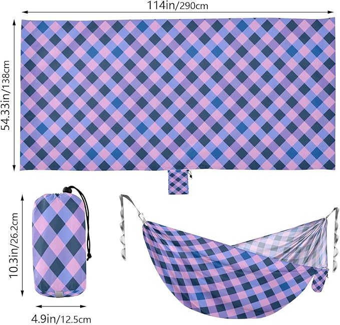 Camping Hammock Outdoor Hammocks for Outside Purple Blue Checkered Beach Trees Portable Lightweight with Pockets Tree Straps Indoor