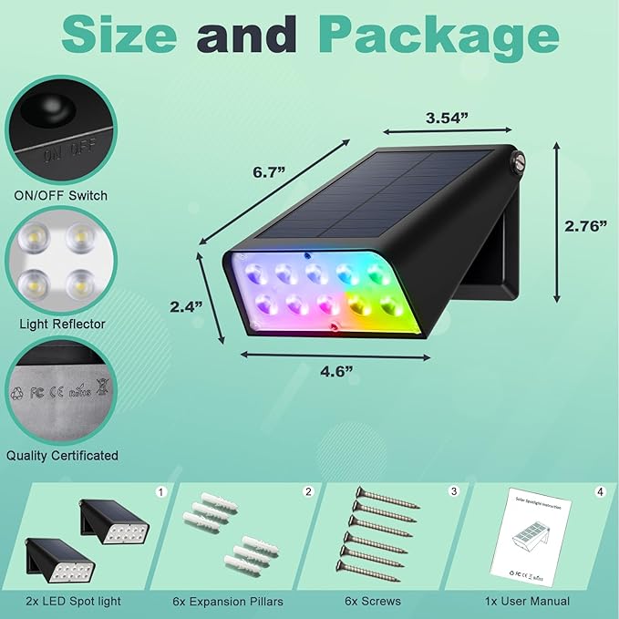 Solar Lights Outdoor Waterproof, 6-Mode RGBW Color Changing, 90° Adjustable, Auto On/Off, Father's Day Mother's Day 4th of July Decor for Fence, Patio, Garden, Yard, Pathway, Porch (2-Pack)