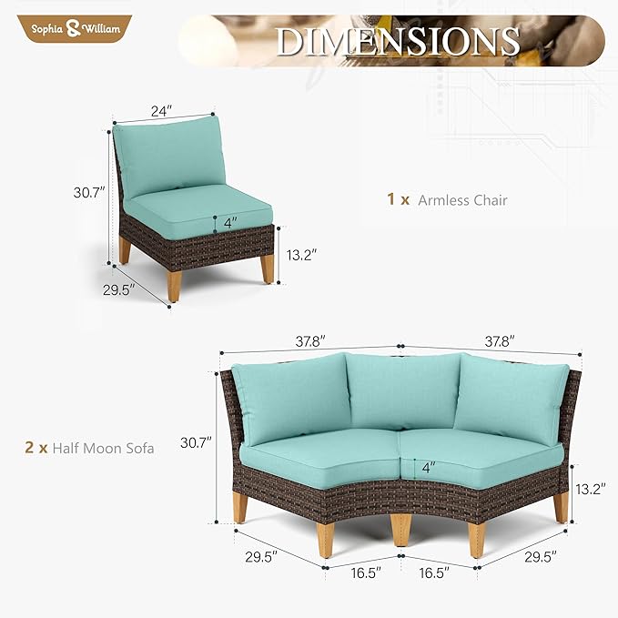 Sophia & William Patio Furniture Set, 5 Piece Half Moon Outdoor Wicker Sectional Sofa Set, Rattan Conversation Set for Backyard, Deck, Pool(Aqua Blue)