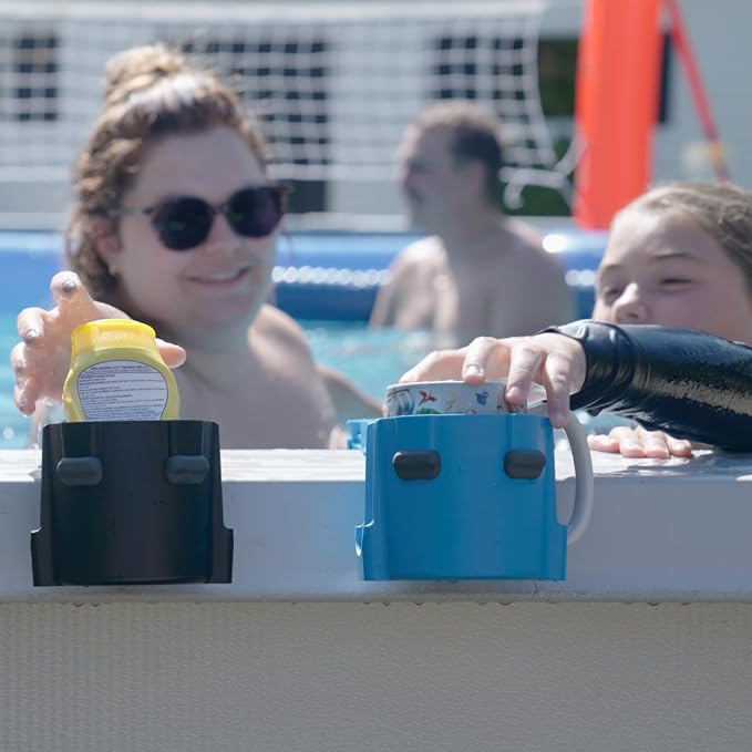 2-Pack Poolside Cup Holders for Square-Top Above Ground Pools, Adjustable Fit for Wide Edges, Non-Slip Silicone Grips, Fits Tumblers & Drink Bottles, Use on Deck, Boat & Patio, Dark Grey