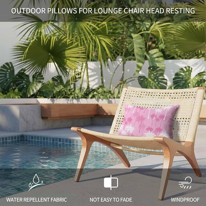 Tropical Palm Tree Outdoor Pillows for Chaise Lounge Chair Waterproof Lumbar Pillows with Insert&Adjustable Strap Beach Headrest Pillow Magenta Pink Plants Coastal Leaf Beach Pool Pillow 12"x20"