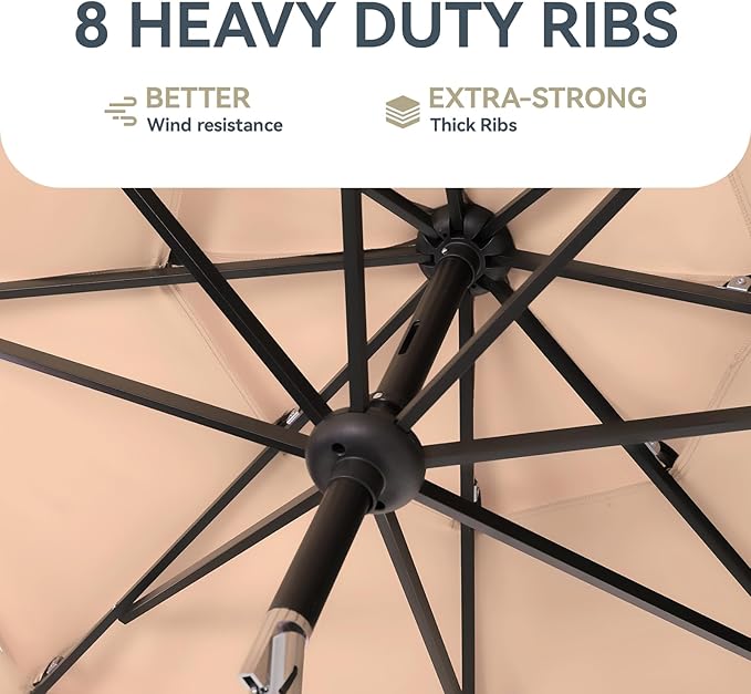 GREEN PARTY 10ft Outdoor Patio Umbrella, [Auto-Tilting] 3 Tiers Market Table Umbrellas with 1.5" Pole, 8 Sturdy Ribs, 3-Year-Non-Fading for Garden Deck Pool Backyard, Beige