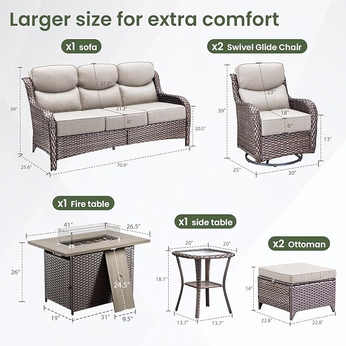 Luxury Patio Furniture Set with 6-inch Thick Cushion, Outdoor Furniture with Fire Pit Table, Swivel Chairs, Sofa, Side Table, Ottomans, 7pcs Wicker Conversation Set(Brown Wicker/Beige Cushion)