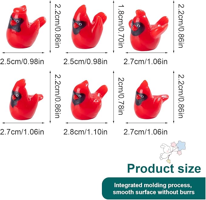 60 PCS 6 Styles Glossy Mini Red Resin Cardinal Bird Figurines, Tiny Bird Miniature Dollhouse Accessories, Bulk Christmas Ornaments for Xmas Gift Mini Garden Cake Topper Decor