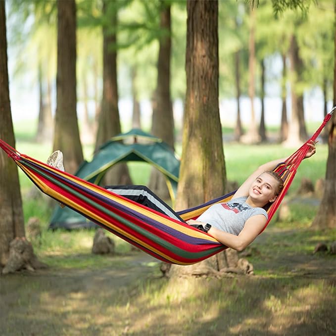 VOSAREA Outdoor Canvas Hammock Swing Chair for Camping and Garden Use, Thickened 200x80cm Rainbow-Colored Hanging Chair, Portable Outdoor Patio Hammock